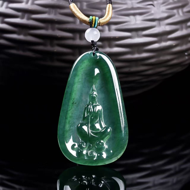Necklace Pendant - Natural Real Emerald Blue Water Buddha